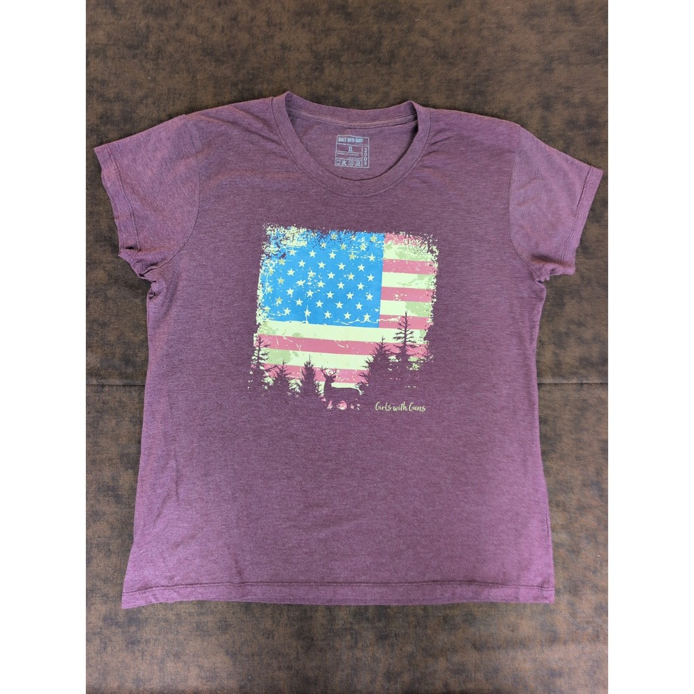 Girls With Guns Womens XL Burgandy American Flag Deer Graphic‎ T-Shirt Heathered